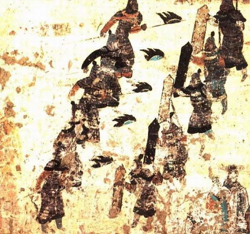 Dunhuang Tang mural shieldbearers — Dunhuang
