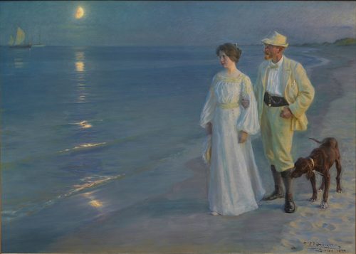 Danish:  Sommeraften ved Skagens Strand Summer Evening at Skagen beach. The artist and his wife. — Skagen