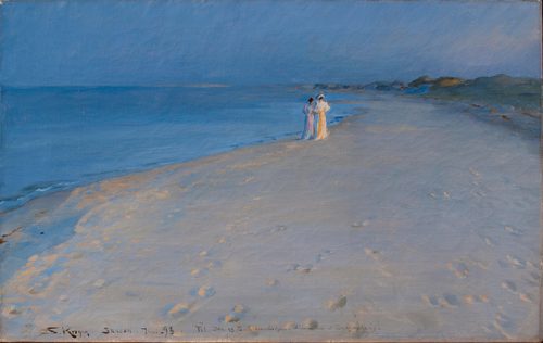 Danish:  Sommeraften på Skagens Sønderstrand. Anna Ancher og MarieSummer evening at the South beach, Skagen. Anna Ancher and Marie Krøyer — Skagen