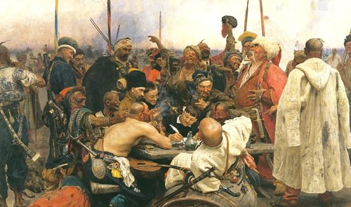 Russian:  «Запорожцы»The Zaporozhian Cossacks write a letter to the Sultan of Turkey — St. Petersburg