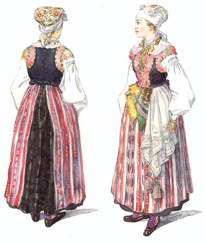 Kvinnodräkt, Östra härad, Blekinge. Akvarell av Emelie von Walterstorff - Nordiska Museet - NMA.0035301 — Stockholm