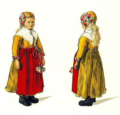 Folkdräkt, barn. Sommarkolt för småkullor. Gagnefs socken, Dalarna. Emelie von Walterstorff - Nordiska Museet - NMA.0035328 — Stockholm